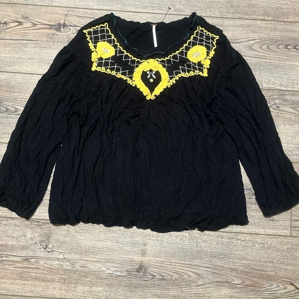 Free people black yellow embroidered begonia peasant top medium